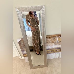 Size large long brown/dark tan floral long dress with clasp and tie